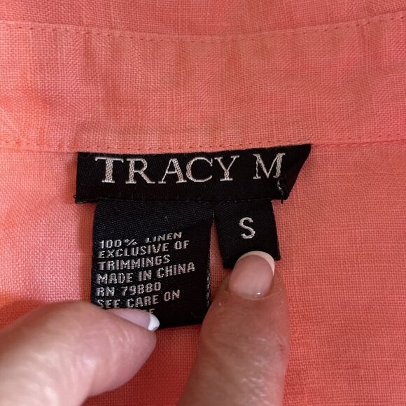 Tracy M 100% Linen Button Down Top Blouse Size S Salmon Ruffle Front Romantic - Picture 5 of 8
